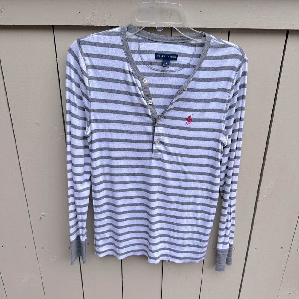 Ralph Lauren cotton button up grey and white striped top size L